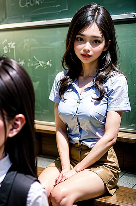 A female teacher pees while taking a group photo with many students、The female teacher couldn&#39;t hold it in and peed herself、A female teacher is surrounded by many students、Urinary incontinence、peeing herself、A lot of pee、From below、White Suit、White Min...