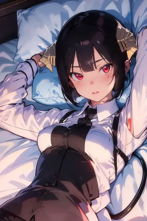 work of art, best qualityer, high resolution, 1girl horns short hair demon tail, white shirt black ascot black gloves black pants black vest lying on your back, sheet, arms up,blushed,face red,Hands behind the head,ssmile
