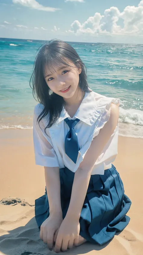 (((sunny day、cute japanese woman、beach、a strong wind is blowing、her hair and skirt are flying、crouch down, scooping up seawater ...