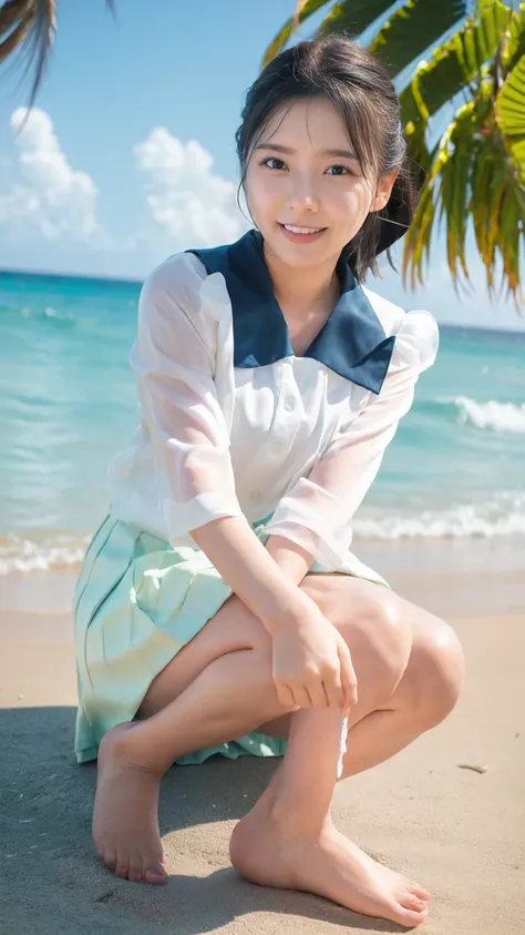 (((sunny day、cute japanese woman、beach、a strong wind is blowing、her hair and skirt are flying、crouch down, scooping up seawater ...