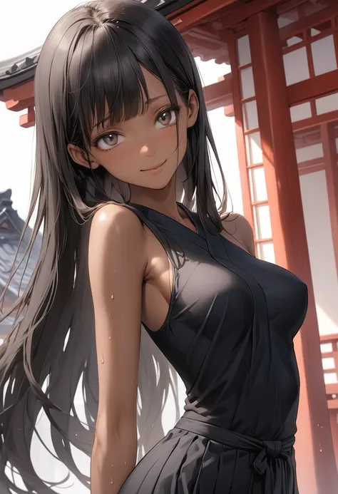 (masterpiece,Highest quality:1.3,best quality illustration),cowboy shot,1woman,25 year old Japanese beauty、black hair,long hair,bangs,black eyes,gorgeous eyes,((very small head:1.2)),shy,smile,((very long body)),medium breasts,(tan skin, gleaming skin,tone...