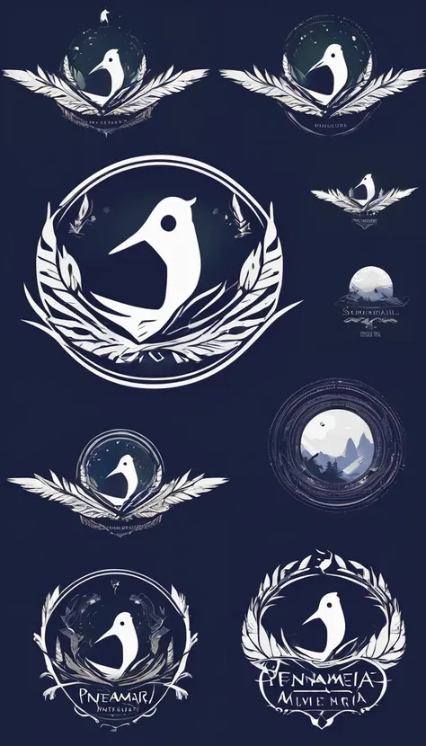 Create a minimalistic, simple, fantastic, easy to understand, logo design of a boy and a feather for an upcoming Role Playing Game called " Penamemoria". The game is about a world of bird and feathers and the inspirational, creative journey of a boy and hi...