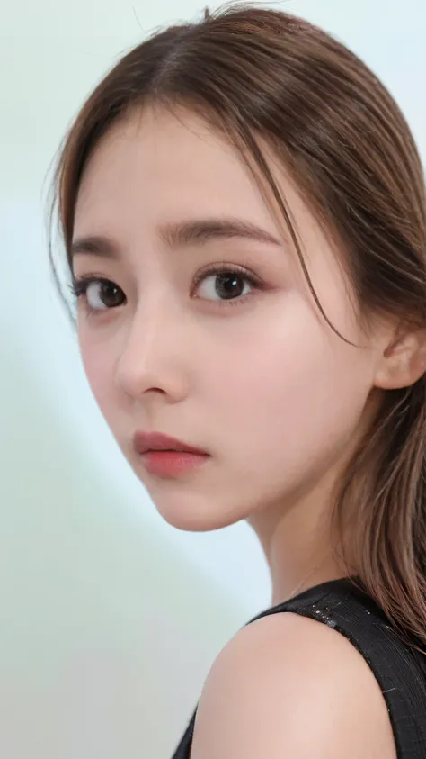 (((in the highest quality、extremely detailed)))ultra high resolution close up image of face,long, straight black hair frames her...