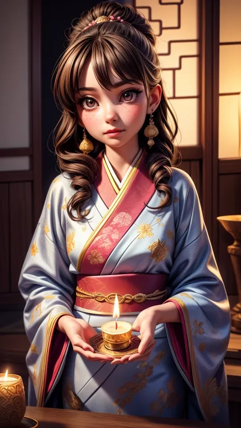 a young astrologist girl, fortune-telling customers at a cultural festival, detailed face and eyes, beautiful detailed lips, extremely detailed eyes and face, long eyelashes, traditional japanese kimono, traditional japanese hairstyle, intricate ornaments,...