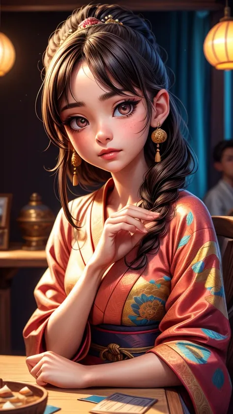 a young astrologist girl, fortune-telling customers at a cultural festival, detailed face and eyes, beautiful detailed lips, extremely detailed eyes and face, long eyelashes, traditional japanese kimono, traditional japanese hairstyle, intricate ornaments,...