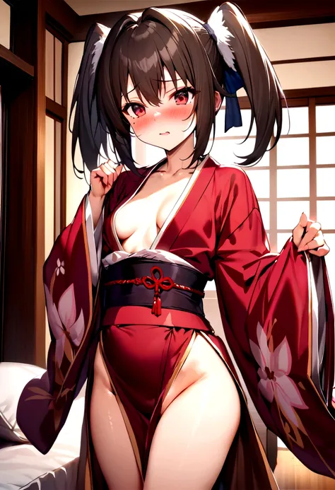 NSFW,masterpiece,Highest quality,High resolution,Super detailed,nekone (utawarerumono),Brown Hair、（Red Eye：1.3）、ribbon、Twin tails、ヘアribbon、Mole、目の下のMole,Small breasts,kimono,(Prostitute),Sexy Outfits,Embarrassed,blush,Expecting face,Seduce,Luxurious Room,J...