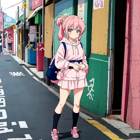 kawaii anime girl standing on the street in kawaii anime