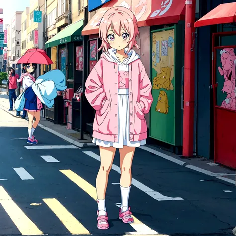 kawaii anime girl standing on the street in kawaii anime