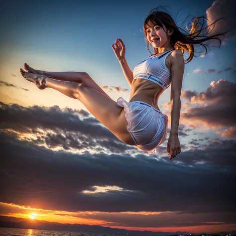 ((ExtremelyDetailed ( KAWAII Girl Floating in the Air:1.37) in WHITE at Dusk Enoshima Beach)), (masterpiece 8K TopQuality) (ProfessionalPhoto:1.37), {(Standing Full Body:1.2)|(from below:1.2)}, Different types of hair colors, {(White skinny(School Swimwear...