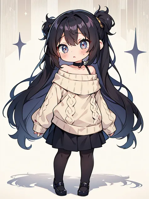 Correct human body structure,perfect,Black ponytail,((young cute girl)),Full body pictures,alarmed,blush,White Off-The-Shoulder Sweater,Khaki Grille Skirt,Black pantyhose