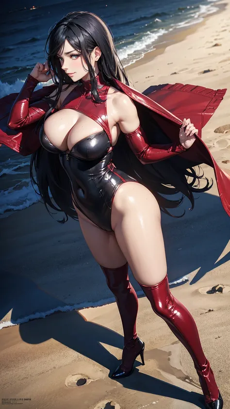 1 woman, standing, with seductive expression, loving smile, view from front, big breasts, detailed eyes, pose sexy, long black hair, his super detailed glowing eyes, Full lips painted red, chiseled physique and wide hips. He wears a closed dark crimson lea...