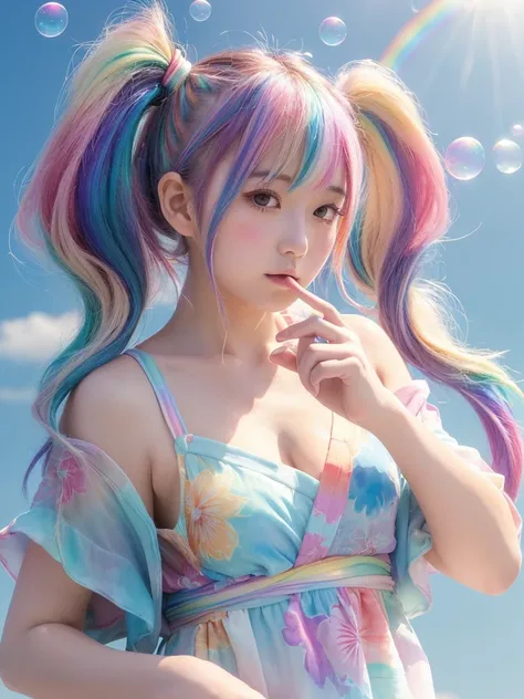 Dreamy, dreamy cute, pale, Haze, (masterpiece, Highest quality, Highest quality, watercolor (middle), Upper Body, kiss, Lesbian, yukata, Change of clothes, pattern, break, (Rainbow hair in twin tails: 1.2), break, Soap bubble, cloud, colorful, Soap bubble,...