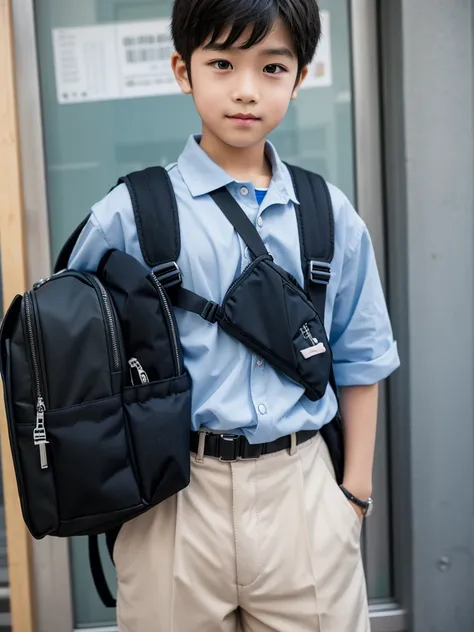 A male elementary school student wearing an elementary school backpack with an acrylic key ring attached.