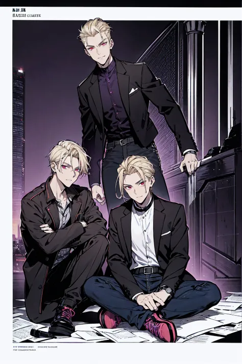 Tall, tannish, handsome male, fit and lean, red eyes, slicked back blonde hair, light stubble, wearing black collared school jacket with purple and black checkered undershirt, wearing baggy jeans, purple and black high tops, has golden watch, and cocky smi...