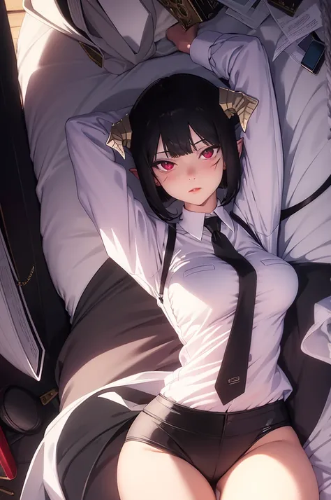 work of art, best qualityer, high resolution, 1girl horns short hair demon tail, white shirt black ascot black gloves black pants black vest lying on your back, sheet, arms up,blushed,face red,Hands behind the head,ssmile
