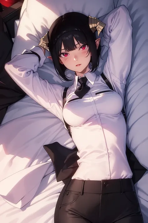 work of art, best qualityer, high resolution, 1girl horns short hair demon tail, white shirt black ascot black gloves black pants black vest lying on your back, sheet, arms up,blushed,face red,Hands behind the head,ssmile
