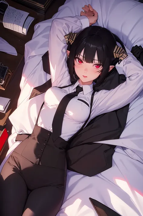 work of art, best qualityer, high resolution, 1girl horns short hair demon tail, white shirt black ascot black gloves black pants black vest lying on your back, sheet, arms up,blushed,face red,Hands behind the head,ssmile
