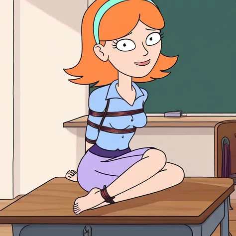 score_9, 1 girl, solo, barefoot, sit tied to a chair, full body , looking on viewer, Jessica, orange hair, hairband, short hair, purple skirt skirt, blue shirt, black pupils, full body, shy, sitting on desk, in classroom, light smile,