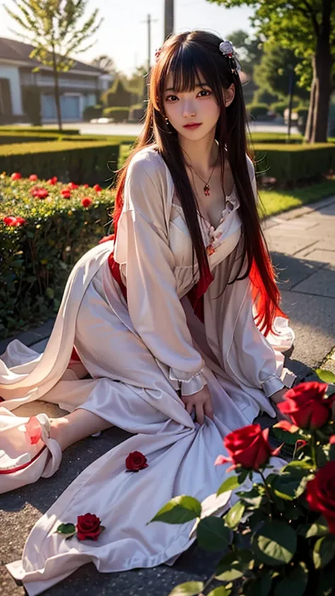 best quality,masterpiece,Ultra-high resolution,(photoactual:1.4),Roses every day（background）,14-year-old oriental rose flower demon girl,long red hair,cute eyes,The birth of a beautiful girl,Beautiful red rose dress（Gödelian）,Kneeling among roses,