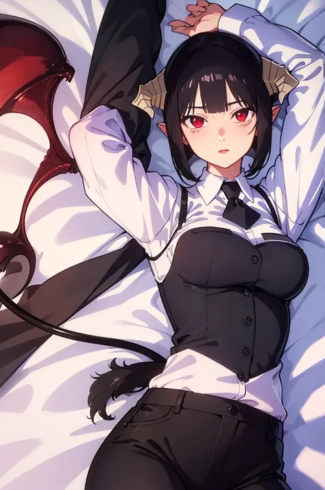 work of art, best qualityer, high resolution, 1girl horns short hair demon tail, white shirt black ascot black gloves black pants black vest lying on your back, sheet, arms up,blushed,face red,Hands behind the head,ssmile
