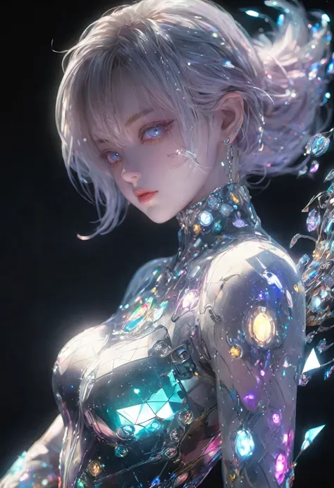 crystal covered, upper body, side shot, alternate color, masterpiece, detailed illustration, realistic, pixiv top quality, exquisite, {{{kawaii 1girl}}}, ultra beauties who fuse with machines, elaborate shabby chic pattern, glitter beautiful female, Half o...