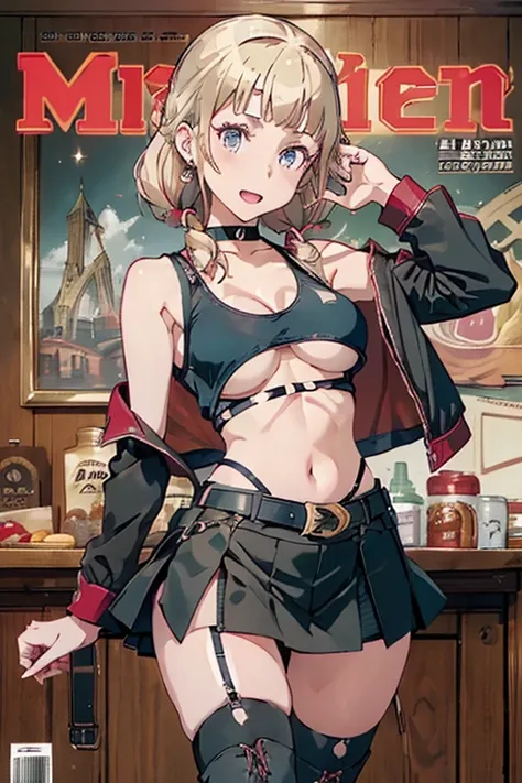 (masterpiece:1.2), (Military uniform magazine cover:1.4),best quality,PIXIV,Sweet girl , sexy posture,1girl, (perky chest:1.2), rolling upskirt by wind:1.6, (with sparkling eyes and a contagious smile),open mouth, (pointed chest:1.2),fishnets, black hair, ...