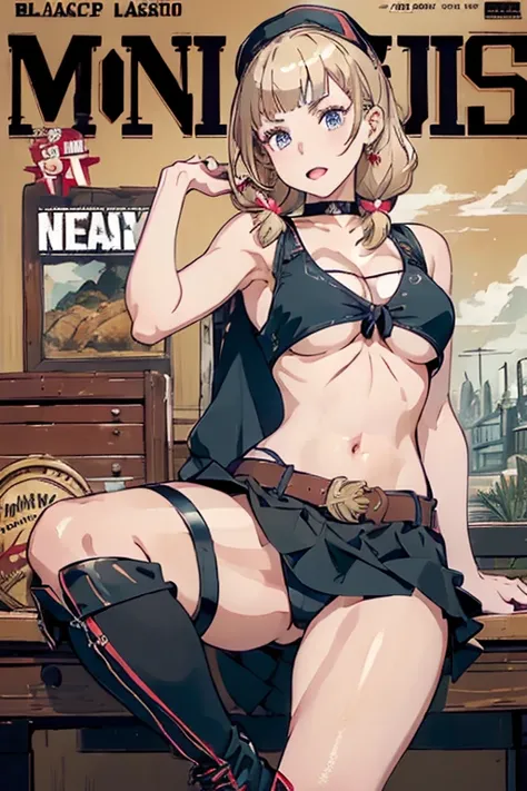 (masterpiece:1.2), (Military uniform magazine cover:1.4),best quality,PIXIV,Sweet girl , sexy posture,1girl, (perky chest:1.2), rolling upskirt by wind:1.6, (with sparkling eyes and a contagious smile),open mouth, (pointed chest:1.2),fishnets, black hair, ...