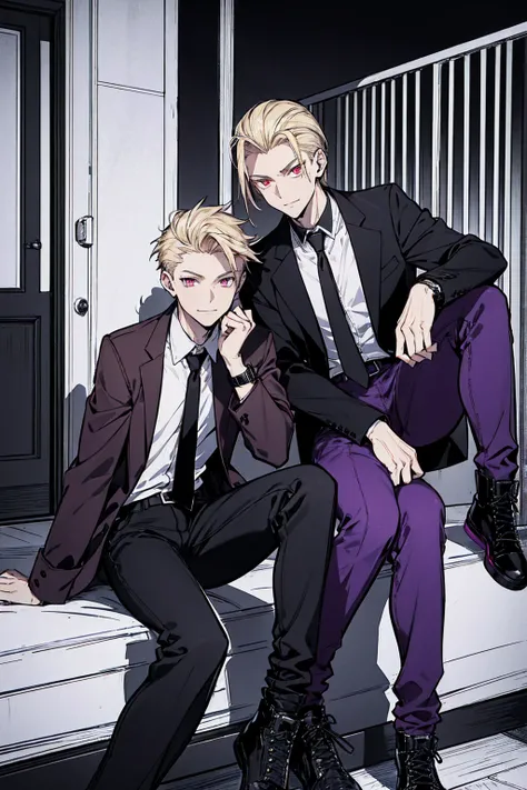 One person, Tall, tannish, handsome male, fit and lean, red eyes, slicked back blonde hair, light stubble, wearing black collared school jacket with purple and black checkered undershirt, wearing baggy jeans, purple and black high tops, has golden watch, a...