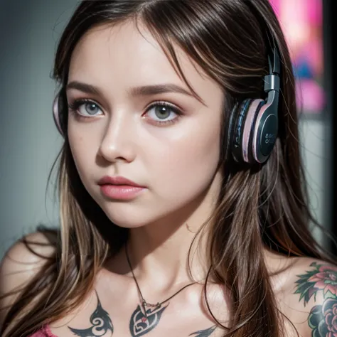 A beautiful tattooed woman. Beautiful pink eyes, pink pupils, long silky hair, beautiful face. Pink painted lips. Long eyelashes, headphones listening to music, chill-out clothing. Neckline. 1 girl