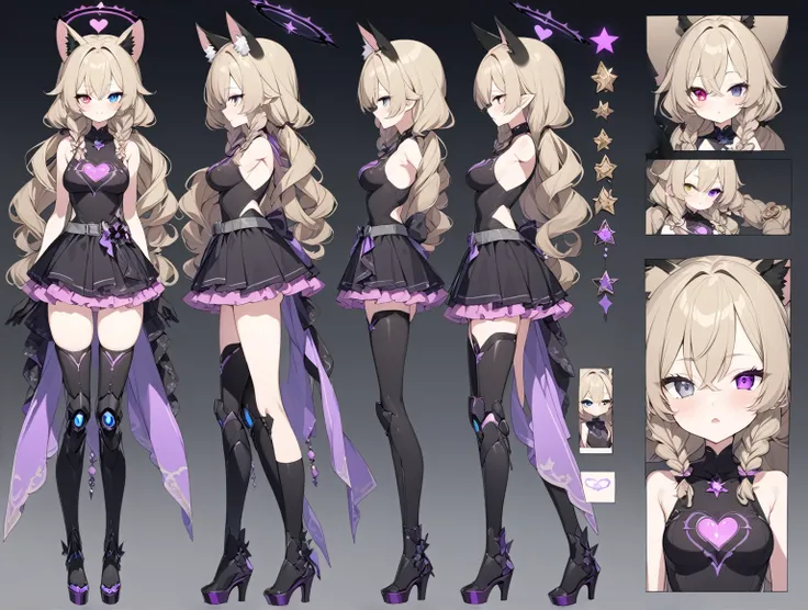 1 woman 180cm tall. (character design sheet: front view). long dark blonde hair, slim build, wavy hair with hip length curls, has a short central tuft, She has two short braids on the left and right side of her head..  He has black serval ears with gray an...