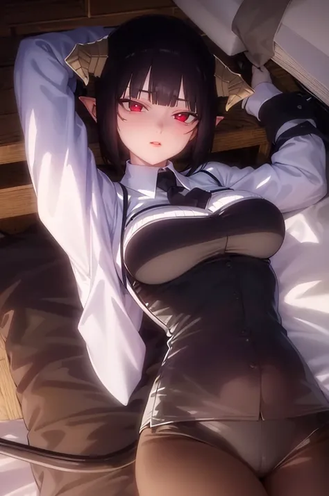 work of art, best qualityer, high resolution, 1girl horns short hair demon tail, white shirt black ascot black gloves black pants black vest lying on your back, sheet, arms up,blushed,face red,Hands behind the head,ssmile,Bblack hair,short thigh shorts
