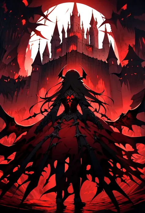 Anime Style.Fantasy World.Female Demon of the Demon King&#39;s Army.pretty girl.Shortcuts.Has spider abilities.Hands from the back６The book is out,The clothes are red and black.The background is Devils Castle