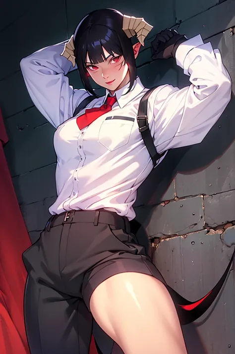 work of art, best qualityer, high resolution, 1girl horns short hair demon tail, white shirt black ascot black gloves black pants black vest lying on your back, sheet, arms up,blushed,face red,Hands behind the head,ssmile,Bblack hair,short thigh shorts,ssm...