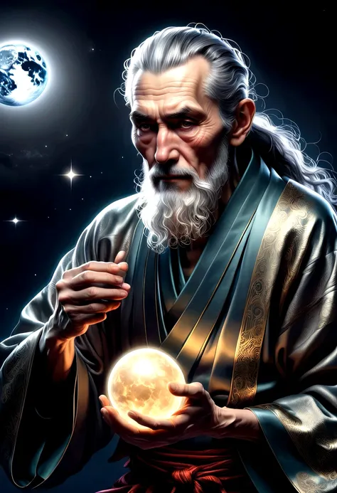 Glow ball in hand,dark, dark atmosphere, deep shadow, shadow, , portrait elderly Man in (Gray Kimono) He holds the Earth in his hands, Outer Space, Vishai, a giant elderly Man between whose hands is the earth, Geometric composition, elderly, [Nordic] Anore...