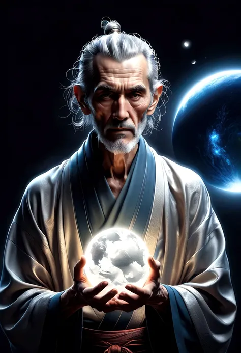 Glow ball in hand,dark, dark atmosphere, deep shadow, shadow, , portrait elderly Man in (Gray Kimono) He holds the Earth in his hands, Outer Space, Vishai, a giant elderly Man between whose hands is the earth, Geometric composition, elderly, [Nordic] Anore...