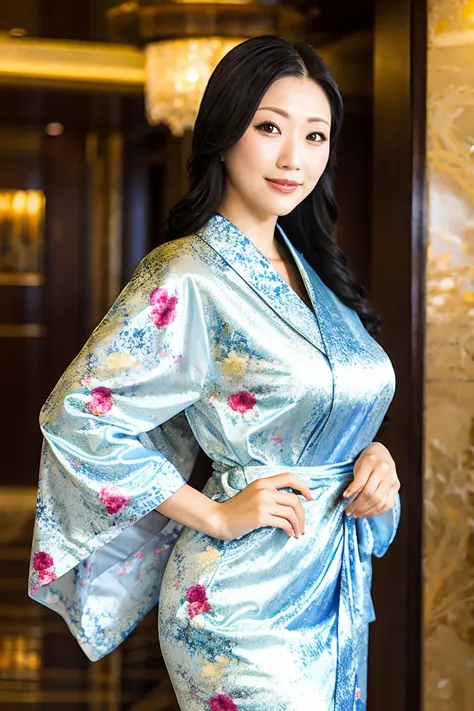 a beautiful mature woman in a floral kimono standing gracefully in an elegant hotel lobby, close-up portrait with glowing skin, ...