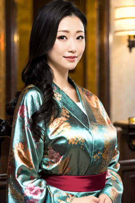 a beautiful mature woman in a floral kimono standing gracefully in an elegant hotel lobby, close-up portrait with glowing skin, ...