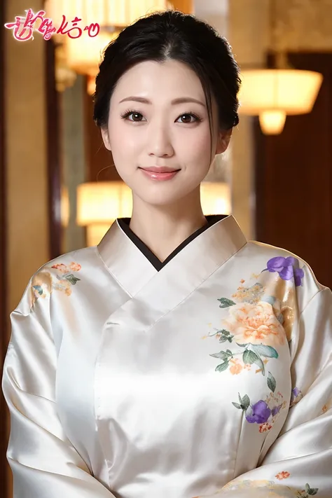 (Highest quality、Tabletop、8K、Best image quality、Award-winning works)、(1 Beautiful Mature Woman:1.1)、(Innkeeper:1.1)、(Elegant floral kimono:1.2)、Perfect Mature Woman Portrait Photo、Glowing Skin、Standing Elegantly、Face close-up、(Blurred elegant luxury hotel ...