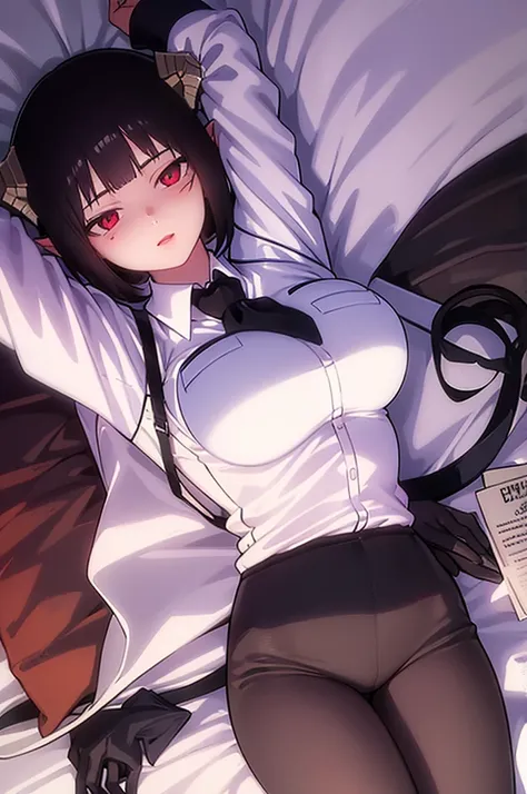 work of art, best qualityer, high resolution, 1girl horns short hair demon tail, white shirt black ascot black gloves black pants black vest lying on your back, sheet, arms up,blushed,face red,Hands behind the head,ssmile,Bblack hair,short thigh shorts,ssm...