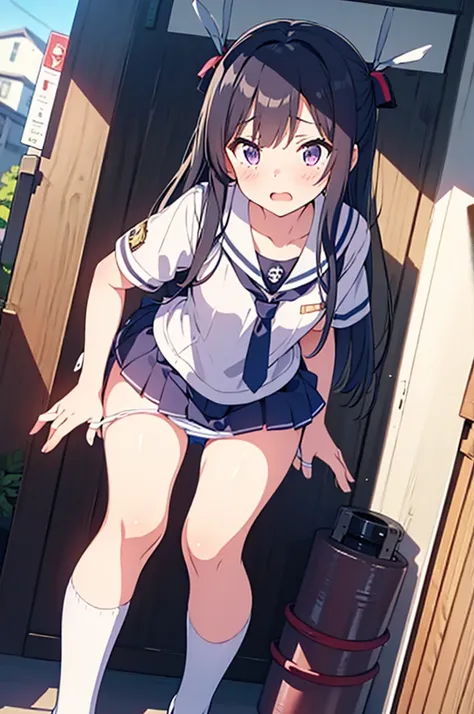 primary school girl, 8 years, flat chest, black fur, wide, purple eyes, embarrassed expression（One Person） White sailor suit on top half., navy blue miniskirt on the lower half　white panties（（I can see her panties））white socks　taking off her panties　knee-l...