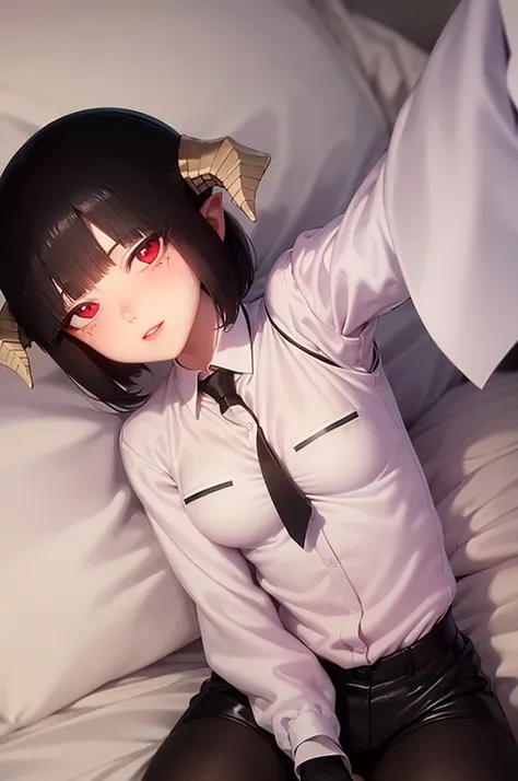 work of art, best qualityer, high resolution, 1girl horns short hair demon tail, white shirt black ascot black gloves black pants black vest lying on your back, sheet, arms up,blushed,face red,Hands behind the head,ssmile,Bblack hair,short thigh shorts,ssm...