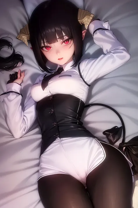 work of art, best qualityer, high resolution, 1girl horns short hair demon tail, white shirt black ascot black gloves black pants black vest lying on your back, sheet, arms up,blushed,face red,Hands behind the head,ssmile,Bblack hair,short thigh shorts,ssm...