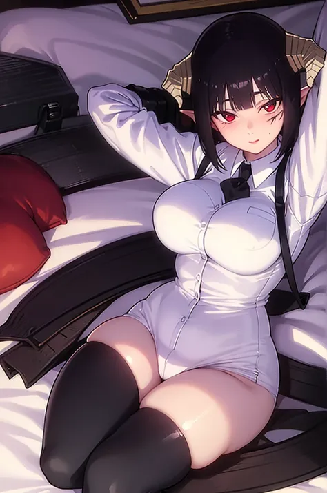 work of art, best qualityer, high resolution, 1girl horns short hair demon tail, white shirt black ascot black gloves black pants black vest lying on your back, sheet, arms up,blushed,face red,Hands behind the head,ssmile,Bblack hair, thicc thighs,ssmile
