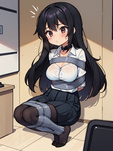 Correct human body structure,perfect,long black hair,((young cute girl)),Full body pictures,alarmed,blush,school uniform,Black pantyhose,collar,Put your hands behind your back,tape bondage,Large Breasts