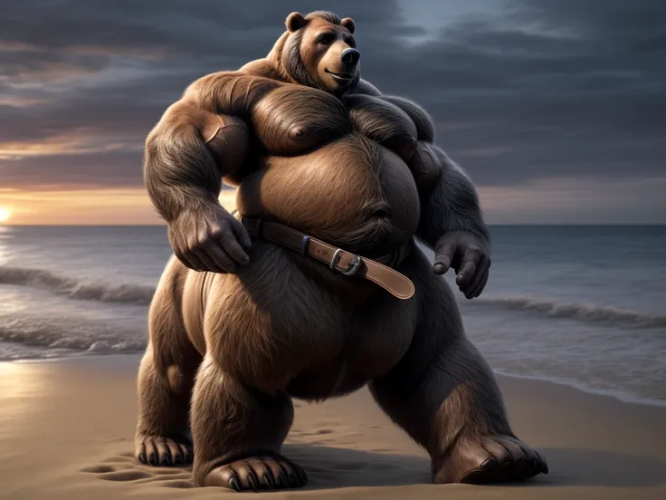 furry, fur taur, beartaur, middle-aged, 1man,  solo, thin belt, hairy, arm_hair, leg_hair, short_hair, old, old_man, pectorals, large_pectorals, detailed face, bear ears, bear eyes(brown), bear nose(black), bear mouth, garibaldi beard(grey), mature hair(gr...