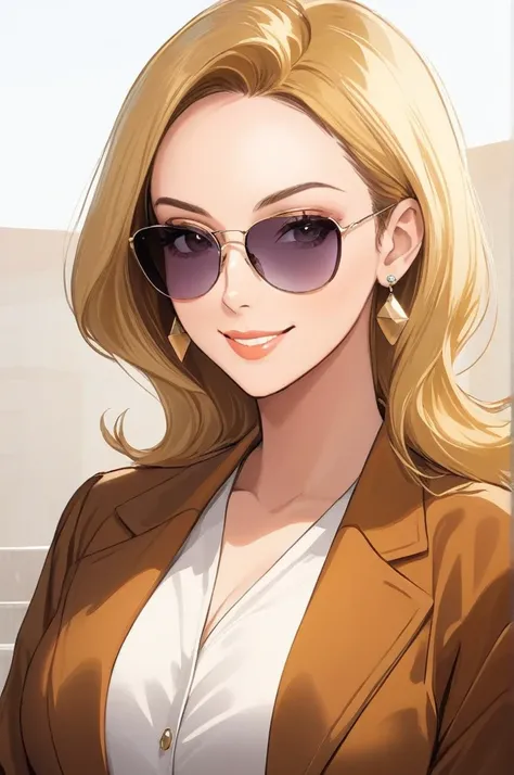 ((Masterpiece, best quality)),edgQuality,smirk, edgCJ woman, mature woman, 40 years old woman, a woman in a jacket ,wearing edgCJ,chic jacket blonde nadia, sunglasses, oversized clothes, earrings 