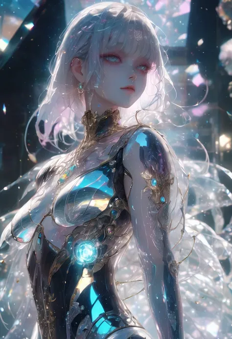 crystal covered, upper body, side shot, alternate color, masterpiece, detailed illustration, realistic, pixiv top quality, exquisite, {{{kawaii 1girl}}}, ultra beauties who fuse with machines, elaborate shabby chic pattern, glitter beautiful female, Half o...