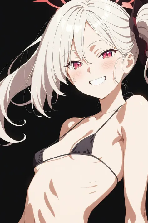 best quality, amazing quality, very aesthetic, absurdres, (1girl, mutsuki, blue archive, solo, red eyes, white hair, side ponytail), (realistic face:0.9),(string bikini:1.8), (grin, blush, thigh:1.3), (cowboy shot), (glowing eyes), (half closed eyes:0.9), ...