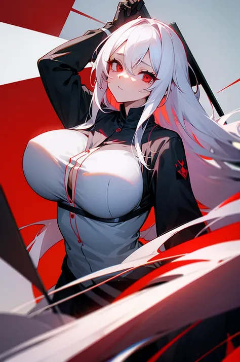 Woman long white hair red eyes big breast black shirt