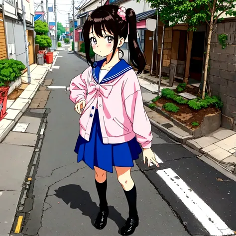 kawaii anime girl standing on a off street in kawaii anime